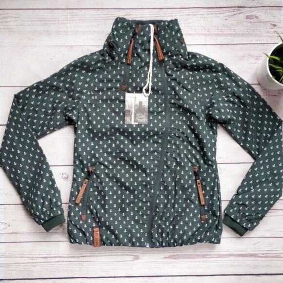 NWT NAKETANO Anchor Print Dark Green High Collar Zip Up Fall Jacket S - Picture 2 of 8
